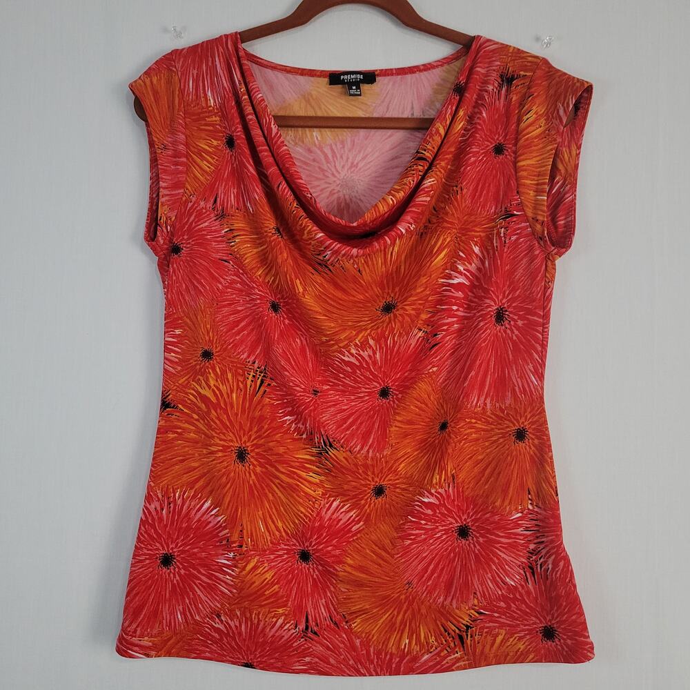 Vintage Y2K Floral Cap Sleeve Cowl Neck Top size M Orange Pink Artsy Fairy 90s